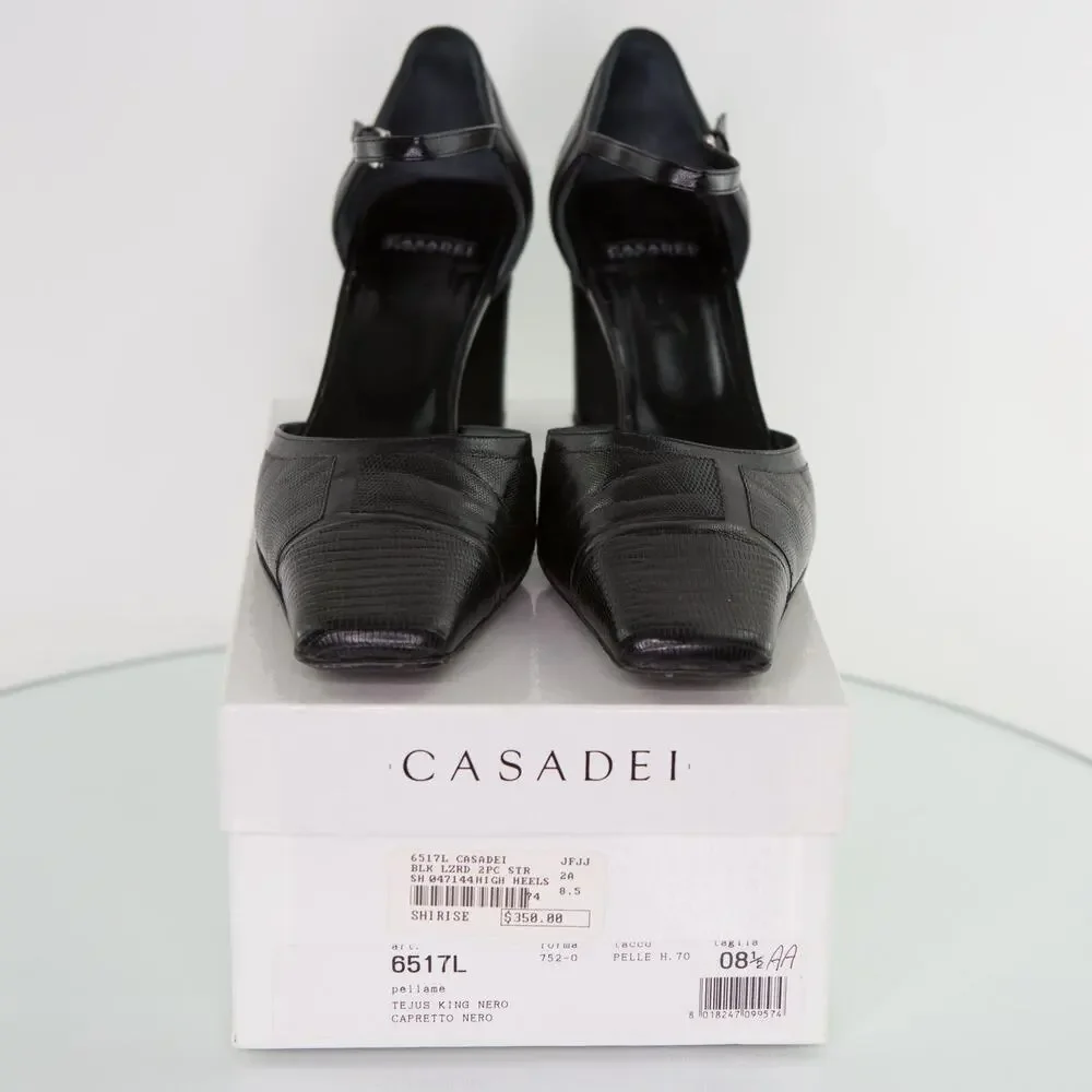 CASADEI $350 Black Lizard Heels Ankle Strap D'Orsay Women's Size 8.5 AA Narrow